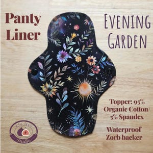 Organic Cotton Spandex Cloth Panty Liner, Reusable 6" & 9", Zorb Waterproof Backing. "Evening Garden" print