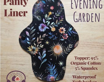 Wkładki higieniczne z organicznej bawełny i spandexu, wielokrotnego użytku, 6" i 9", z wodoodpornym podkładem Zorb. Nadruk "Evening Garden"
