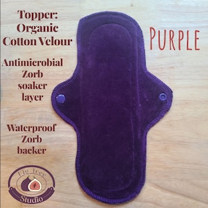 Purple Organic Cotton Reusable Cloth Pad (single pad) with anti-microbial Zorb liner/waterproof backing for Periods/Bladder Leaks.