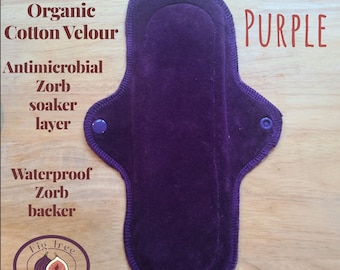 Purple Organic Cotton Reusable Cloth Pad (single pad) with anti-microbial Zorb liner/waterproof backing for Periods/Bladder Leaks.