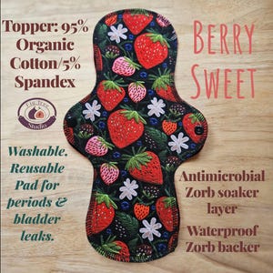 Organic Cotton/Spandex Reusable Pad: Berry Sweet Print, Antimicrobial Zorb Liner, Waterproof Backer