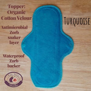 Organic Cotton Reusable Cloth Pad (single pad) in Turquoise blue with anti-microbial Zorb liner/waterproof backing for Periods/Bladder Leaks