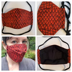 Jenny's Adult Small/Teen/Tween 3D Face Mask/Triple Layers with Non-Woven Polypropylene Liner/Behind Head Stretchy Straps w/ Bead Red Dragon scales