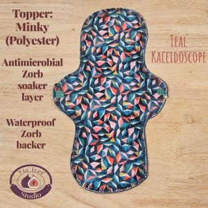 Minky "Teal Kaleidoscope" Reusable Cloth Pad (single pad) w/ anti-microbial Zorb liner/waterproof backing for Periods/Light Bladder Leaks.