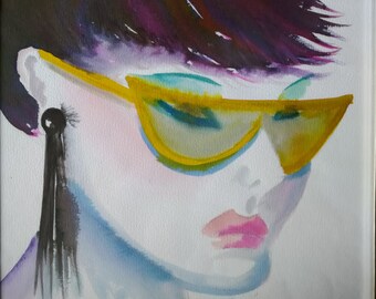 Head of a woman with yellow glasses - watercolor, framed