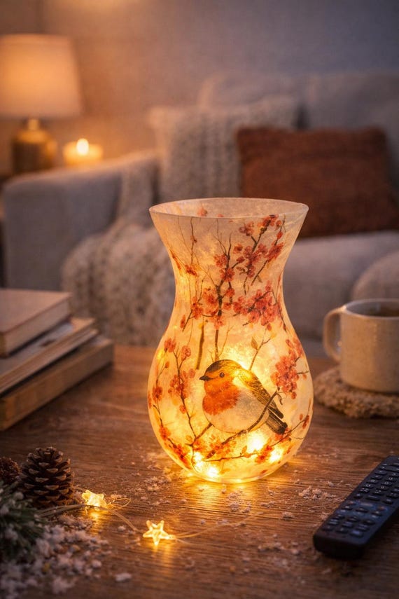 Decoupage Robin Vase with Lights, Remembrance Gift, mothers day, bird vase, robin gift