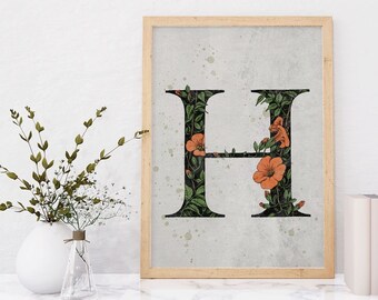 Printable letter "H" wall decor with Trumpet Vines flowers, gift for who's name begins with H