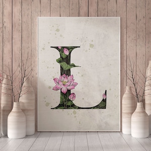 Decoración de pared con letra "L" imprimible con flores de loto, regalo para el nombre de quién comienza con L