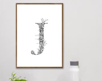 Printable Letter "J", Nursery Wall Art Print, Initial Printable Art, Monochrome Letter J, Color Letter J, Alphabet Art, Letter Poster