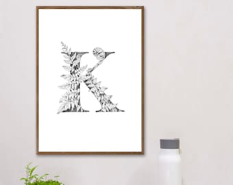 Printable Letter "K", Nursery Wall Art Print, Initial Printable Art, Monochrome Letter K, Color Letter K, Alphabet Art, Letter Poster