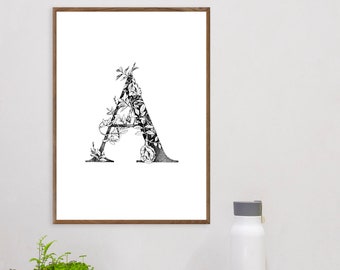 Lettre imprimable « A », Nursery Wall Art Print, Print Letter A Initial Alphabet floral Art Instant Download Printables Téléchargements numériques