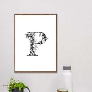 Letra imprimível "P", impressão de arte de parede de berçário, arte inicial para impressão, letra monocromática P, letra colorida P, arte do alfabeto, pôster de letras