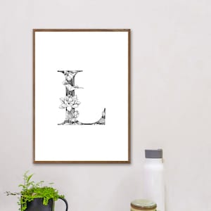 Carta imprimible "L", impresión de arte de pared de vivero, arte imprimible inicial, letra monocroma L, letra de color L, arte del alfabeto, póster de carta