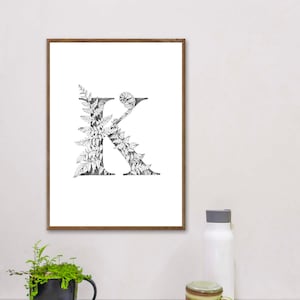 Printable Letter &quot;K&quot;, Nursery Wall Art Print, Initial Printable Art, Monochrome Letter K, Color Letter K, Alphabet Art, Letter Poster