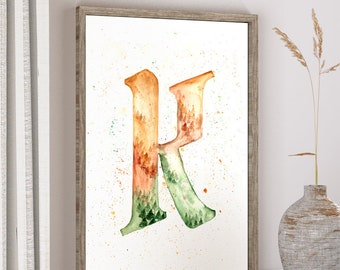 LETTER K WATERCOLOR, christmas letter print, alphabet printable, house print, home decor, typography print, watercolor poster gift