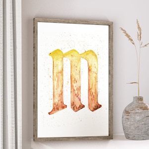 LETTER M WATERCOLOR, christmas letter print, alphabet printable, house print, home decor, typography print, watercolor poster gift
