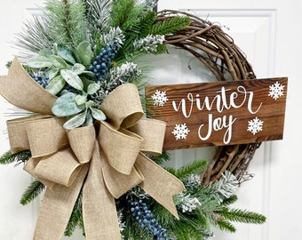 Wreath, Winter Wreath, Farmhouse Winter wreath, Rustic Winter Wreath for front door, Winter decor, lambs ear winter wreath, January  Wreath
