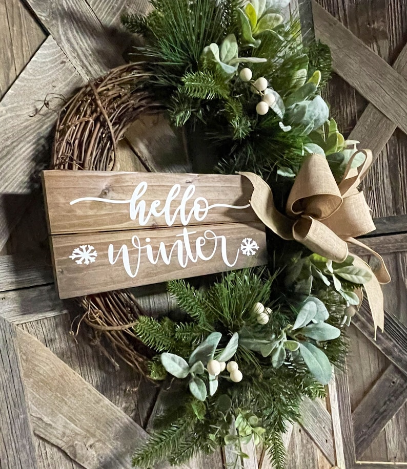 Lambs Ear Winter Wreath, Burlap Bow, Farmhouse Rustic Decor image 4