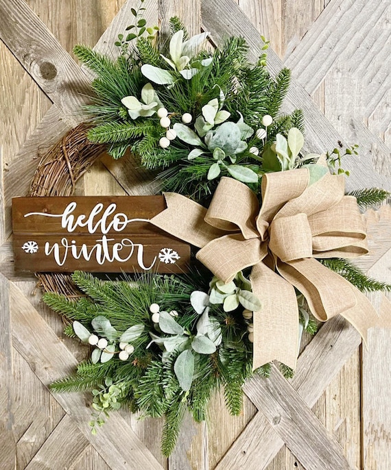 Lambs Ear Winter Wreath, Burlap Bow, Farmhouse Rustic Decor