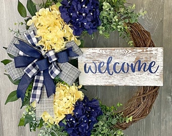 Wreath, Summer Wreath, Welcome Wreath, Hydrangea Wreath, Blue wreath,Front Door Wreath, Fall Wreath, Everyday wreath, Housewarming gift