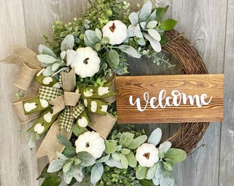 Farmhouse Pumpkin Fall Wreath: Lambs Ear & Eucalyptus Decor