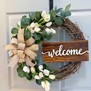 Wreath, Spring Wreath, Front Door Wreath, Farmhouse rustic wreath, Housewarming gift, Eucalyptus Wreath, Welcome Wreath, White wreath