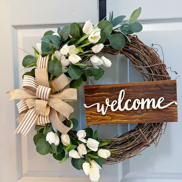 Wreath, Spring Wreath, Front Door Wreath, Farmhouse rustic wreath, Housewarming gift, Eucalyptus Wreath, Welcome Wreath, White wreath