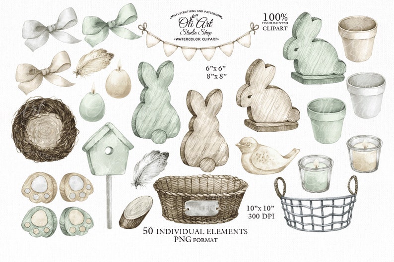 52 Easter elements Decor easter eggs instant download Cute bunny clipart digital PNG Watercolor Easter clipart