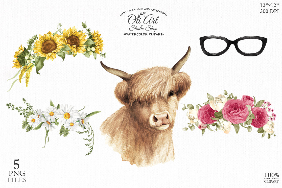 Highland cow with flowers clipart PNG floral crown cow with | Etsy