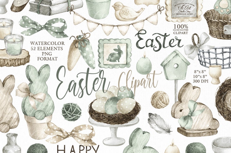 52 Easter elements Decor easter eggs instant download Cute bunny clipart digital PNG Watercolor Easter clipart