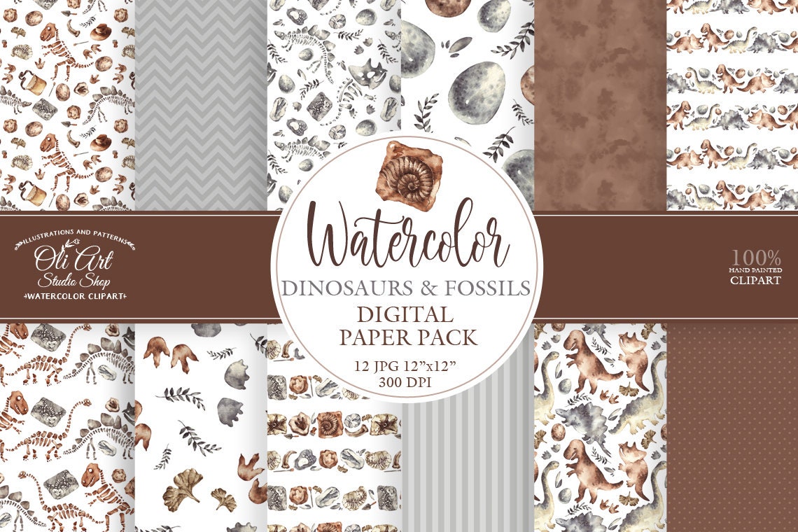 Download Digital Paper Pack Dinosaur And Fossil Handmade Watercolor Etsy
