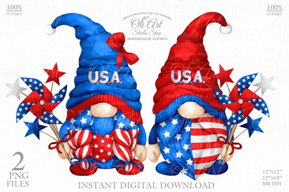 4th Of July Patriotic Gnomes PNG clipart digital clipart Hand Drawn graphics instant download 