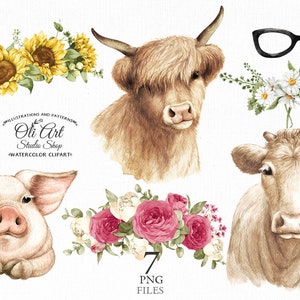 instant digital download farm animals Highland cow with sunflowers clipart PNG floral crown cow with flowers hand drawn graphics Heifer