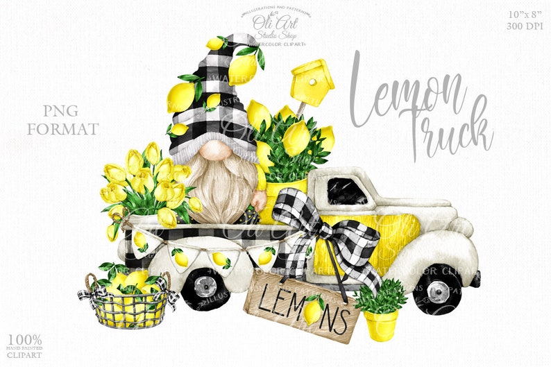 digital design Lemon gnome truck PNG format digital graphics hand-painted clipart instant digital download