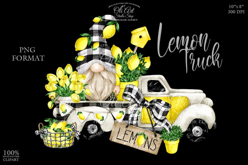 digital design Lemon gnome truck PNG format digital graphics hand-painted clipart instant digital download