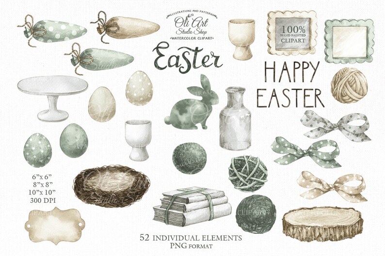 52 Easter elements Decor easter eggs instant download Cute bunny clipart digital PNG Watercolor Easter clipart