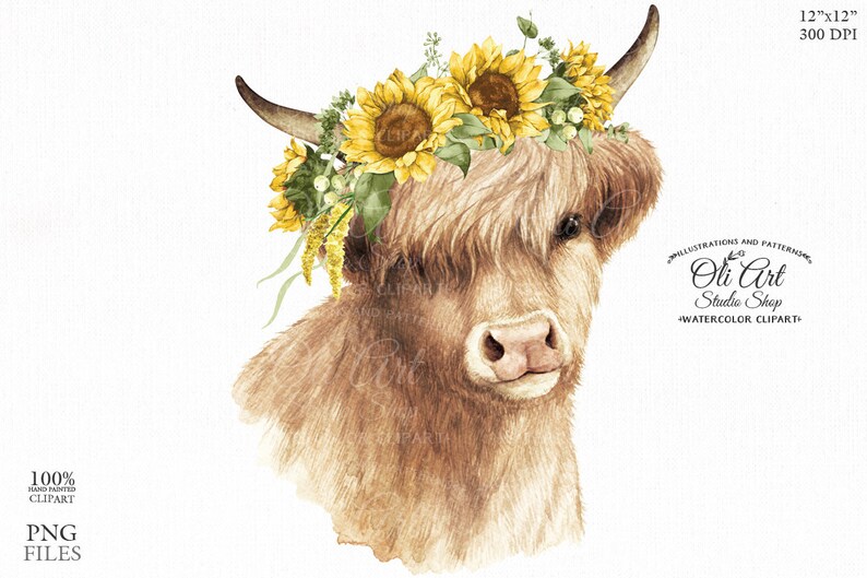 instant digital download farm animals Highland cow with sunflowers clipart PNG floral crown cow with flowers hand drawn graphics Heifer
