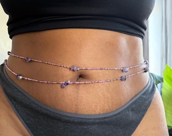 Amethyst Crystal Waist Beads for Healing: Tie-On or Clasp, Plus Size Available