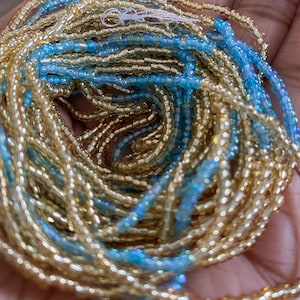 African Waist Beads: Blue & Gold Tie-On or Clasp - Weight Loss Tracker