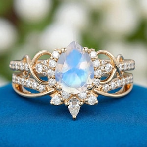 Art Deco Pear Cut Moonstone Engagement Ring Set – Unique Rose Gold Moissanite Cluster Ring, Curved Bridal Set, Moonstone Anniversary Gift