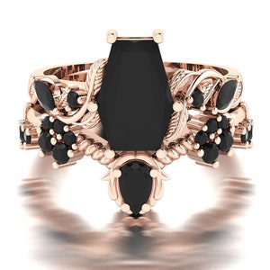 Vintage Coffin Shaped Black Onyx Women Rings Set, Rose Gold Gothic Black Onyx Engagement Rings Jewelry, Handmade Gift Of Rings For Women