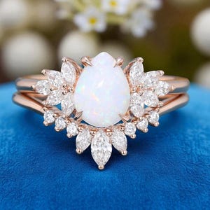 Vintage Pear Opal Verlobungsring Set: Rosegold Diamant Zweig Brautschmuck