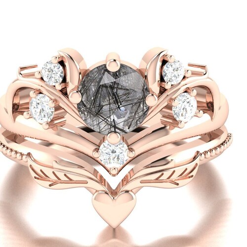 Black Rutilated Quartz engagement ring set Unique Round cut 14K White shops gold Moissanite ring Vintage Dainty Bridal anniversary promise ring