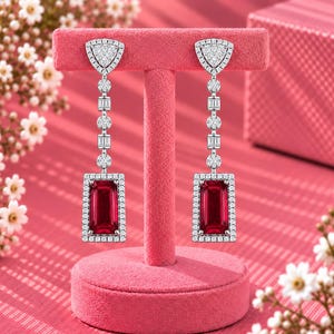 Emerald Cut Ruby Drop Earrings, Sterling Silver Gold Plated, CZ Accent (1 Pair)