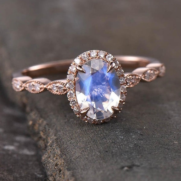 Natural Rainbow Moonstone Ring, Nature Inspired Moonstone Engagement Ring, Moonstone Promise Ring, Rose Gold Ring, Anniversary Gift For Her