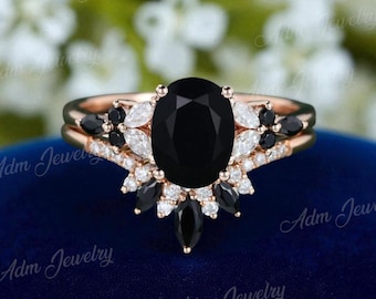 Oval Black Onyx Engagement Ring Set, Rose Gold Bridal Wedding Band