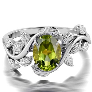 Vintage Peridot Promise Ring For Her, Dainty Peridot Ring, Rhodium Peridot Engagement Ring, Green Peridot Ring, Vine Leaf Peridot Ring woman