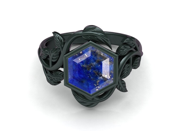 14k Solid Gold Leaf Pave Ring Hexagon Lapis lazuli Wedding Ring Gold Vine Ring Women Eternity Leaves Band Dainty Botanical Ring Real shops Gold