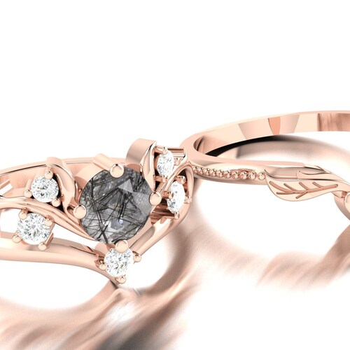 Black Rutilated Quartz engagement ring set Unique Round cut 14K White shops gold Moissanite ring Vintage Dainty Bridal anniversary promise ring