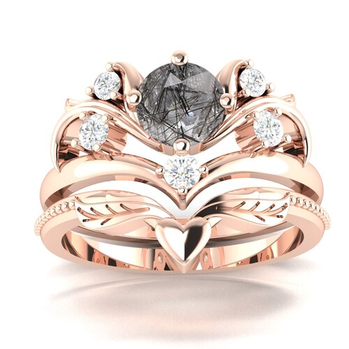 Black Rutilated Quartz engagement ring set Unique Round cut 14K White shops gold Moissanite ring Vintage Dainty Bridal anniversary promise ring
